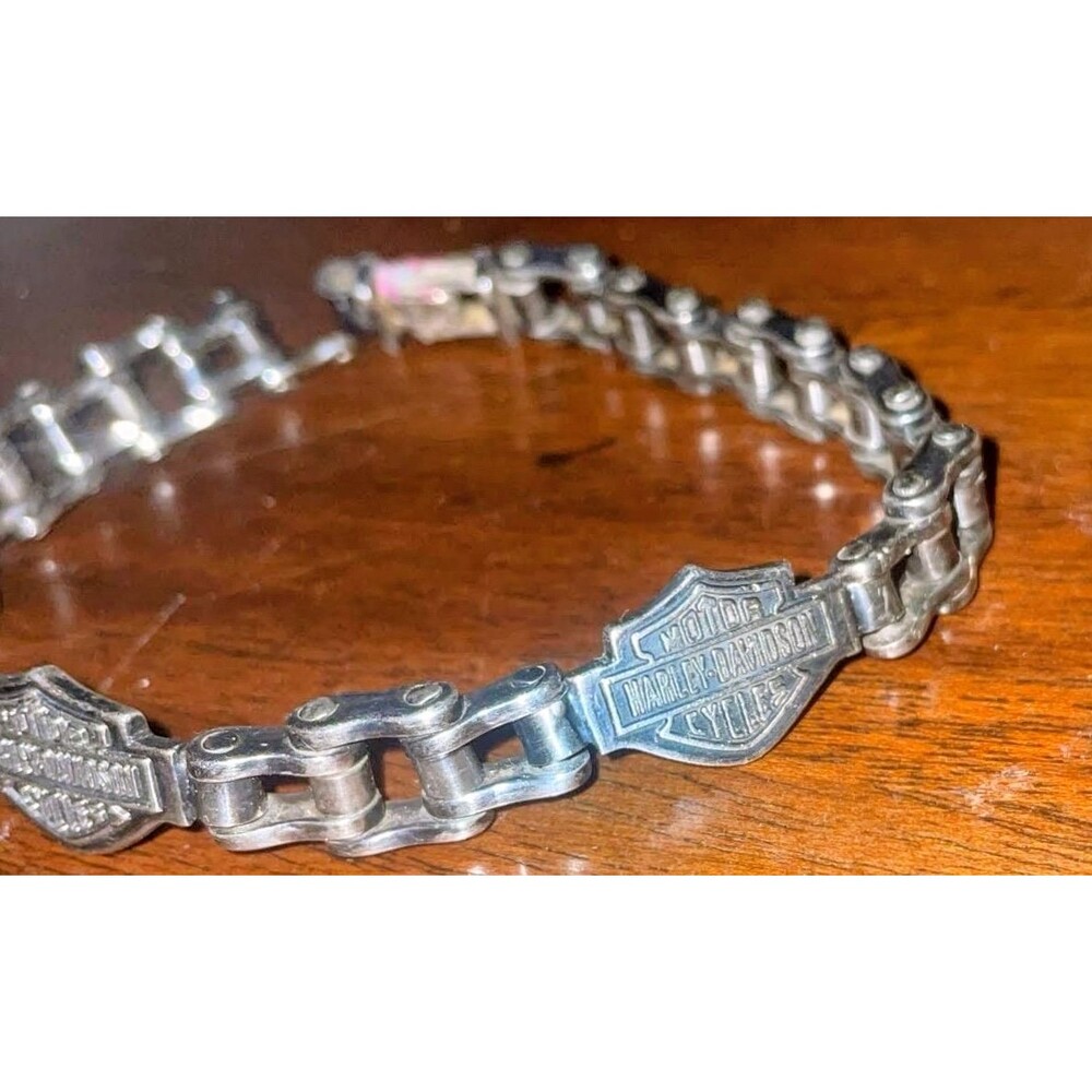 Vintage Sterling Silver Harley Davidson Shield Motorcycle Chain Bracelet *READ